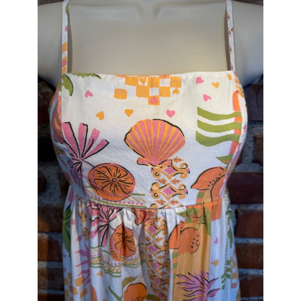Japna Tropical Cotton Maxi Dress XS Orange Pink Palm Tree Shell Print Smocked - Picture 2 of 7